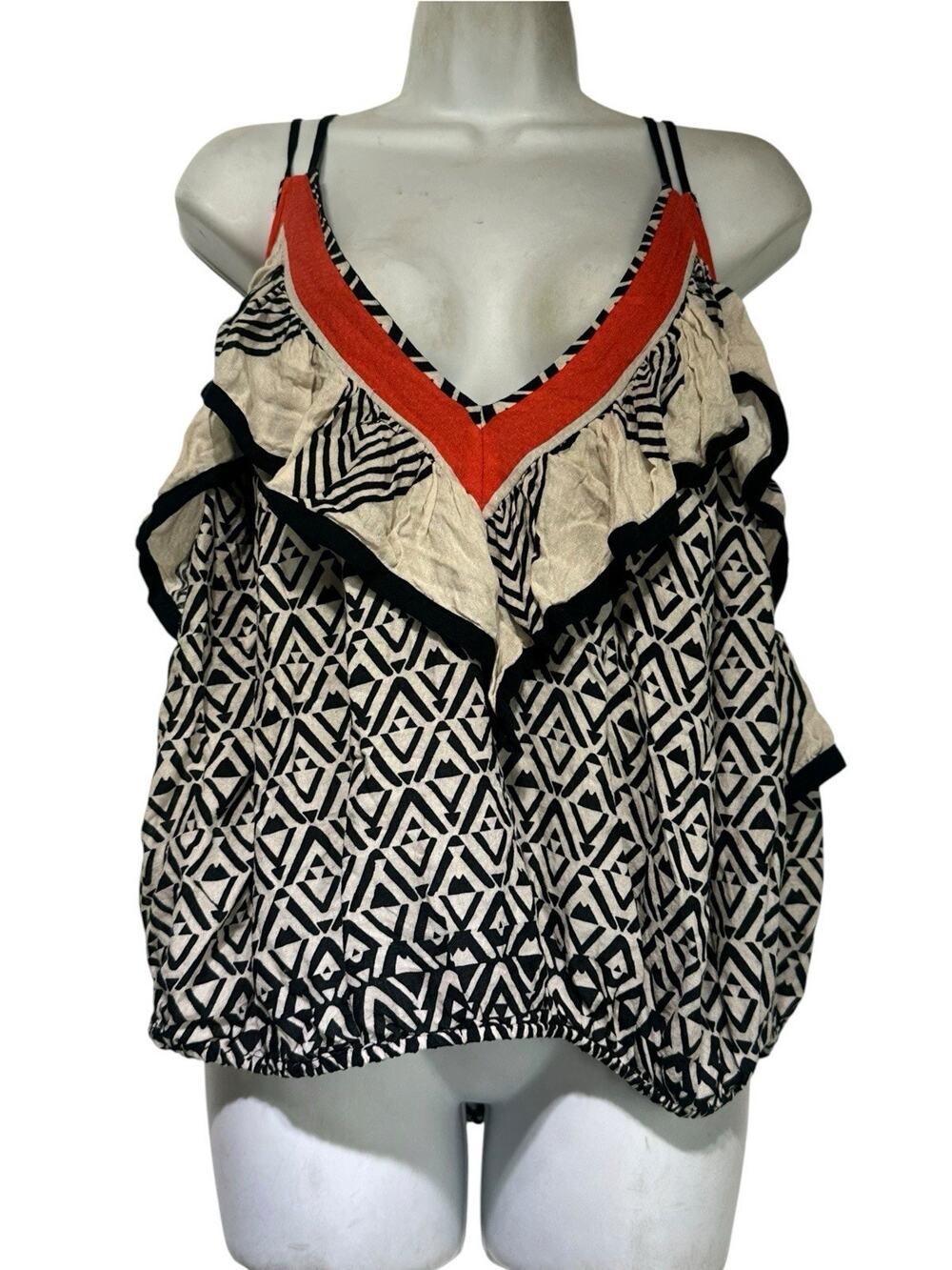 Free People Women’s Size M Black Cream Geometric Ruffle Cold Shoulder Top